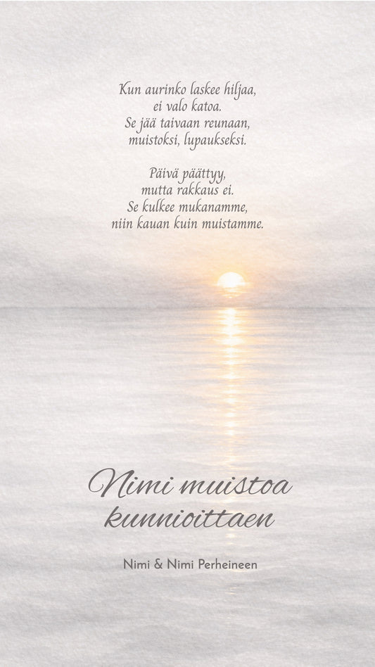 Akvarellinen auringonlasku tyynen maiseman yllä – herkkä suruadressin kuva muistamiseen ja osanottoon. Dreamstuff