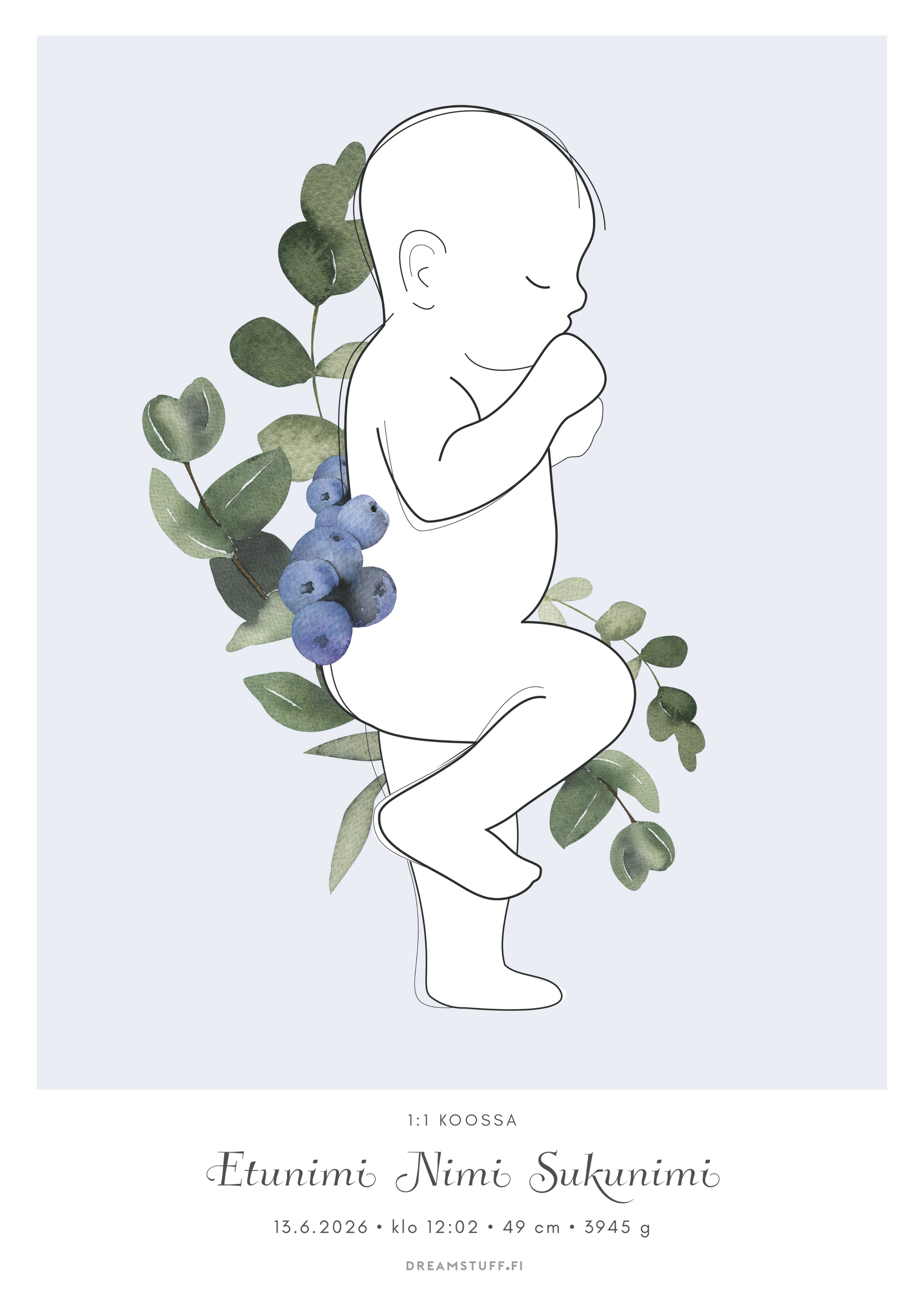 Personoitava mustikka-aiheinen 1:1-syntymäjuliste siniharmaalla taustalla, eukalyptus- ja mustikkakuvituksella sekä muokattavilla syntymätiedoilla.