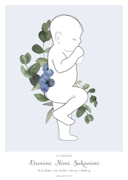 Personoitava mustikka-aiheinen 1:1-syntymäjuliste siniharmaalla taustalla, eukalyptus- ja mustikkakuvituksella sekä muokattavilla syntymätiedoilla.
