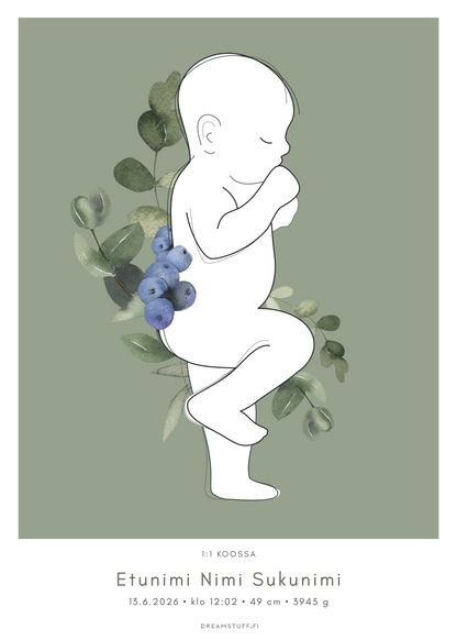 Mustikka syntymäjuliste 50 x 70 cm 3 latausta – Tulosta itse / muokkaa värit ja fontit | PDF tiedosto