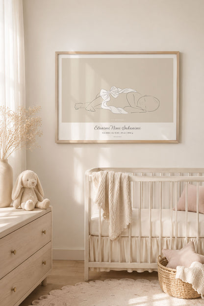 Personoitava 1:1-syntymäjuliste rusetilla kehystettynä vaaleassa skandinaavisessa tyttövauvan huoneessa, vaakamalli 70 × 50 cm.
