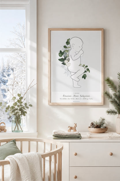 Personoitava 50 × 70 cm talvisyntymäjuliste kehystettynä vaaleassa skandinaavisessa vauvanhuoneessa, luminen maisema ikkunan takana