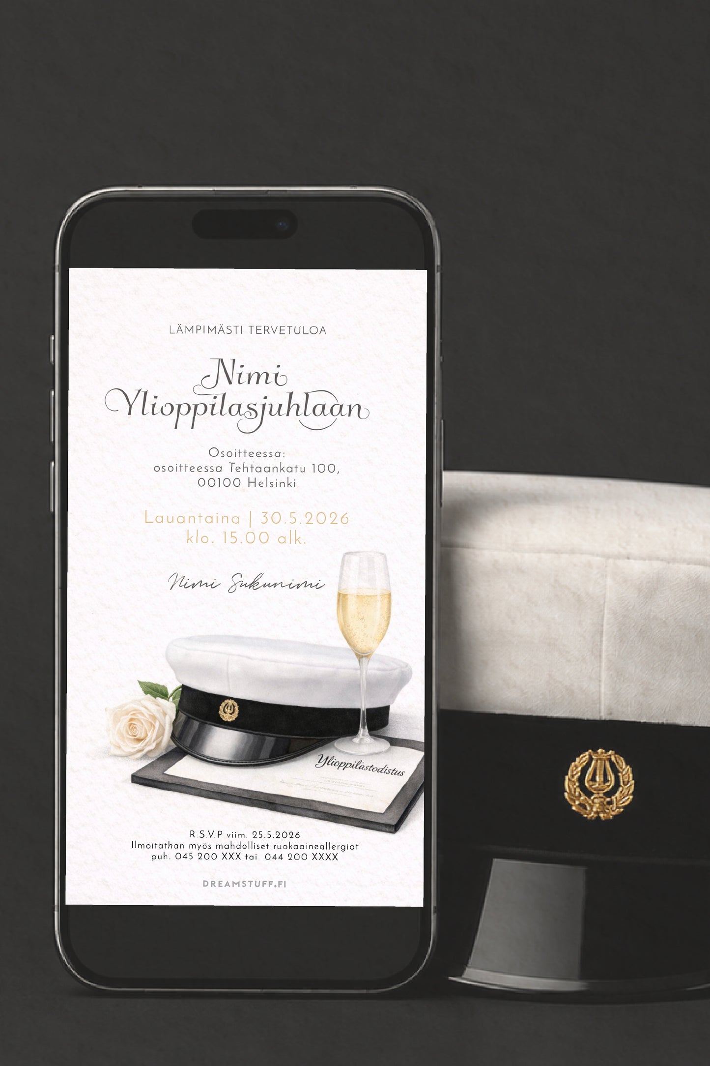 Digitaalinen ylioppilaskutsu – Todistus | Muokattava kutsu JPG