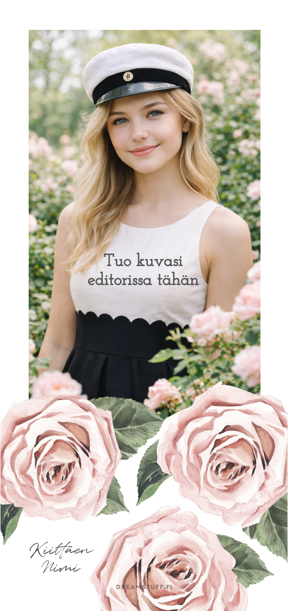 Tulosta itse ylioppilaan kiitoskortti – Vaaleanpunainen ruusu | Kiitoskortti tiedosto PDF