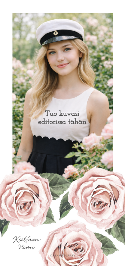 Tulosta itse ylioppilaan kiitoskortti – Vaaleanpunainen ruusu | Kiitoskortti tiedosto PDF