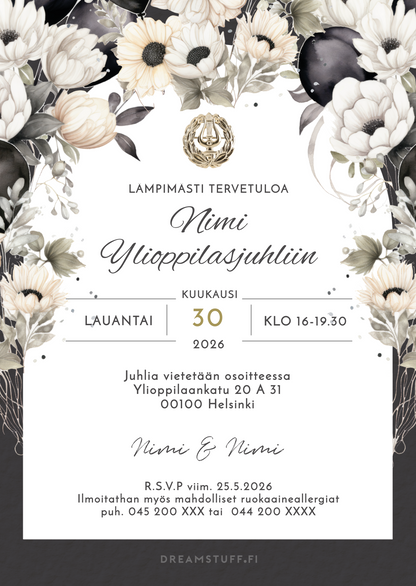 Tulosta itse kutsu ylioppilasjuhlaan - Ilmapallot ja kukat