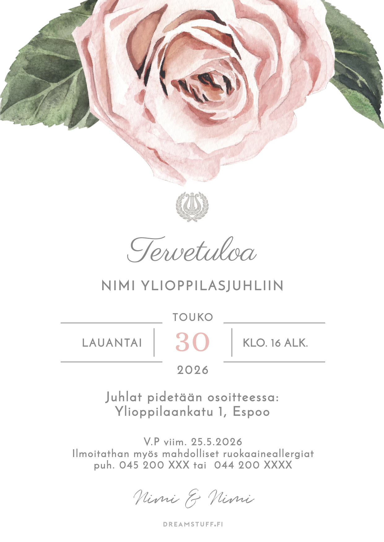 Tulosta itse kutsu ylioppilasjuhlaan - Vaaleanpunainen ruusu