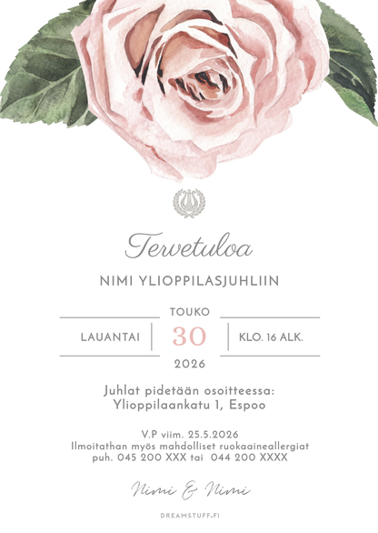 Tulosta itse kutsu ylioppilasjuhlaan - Vaaleanpunainen ruusu