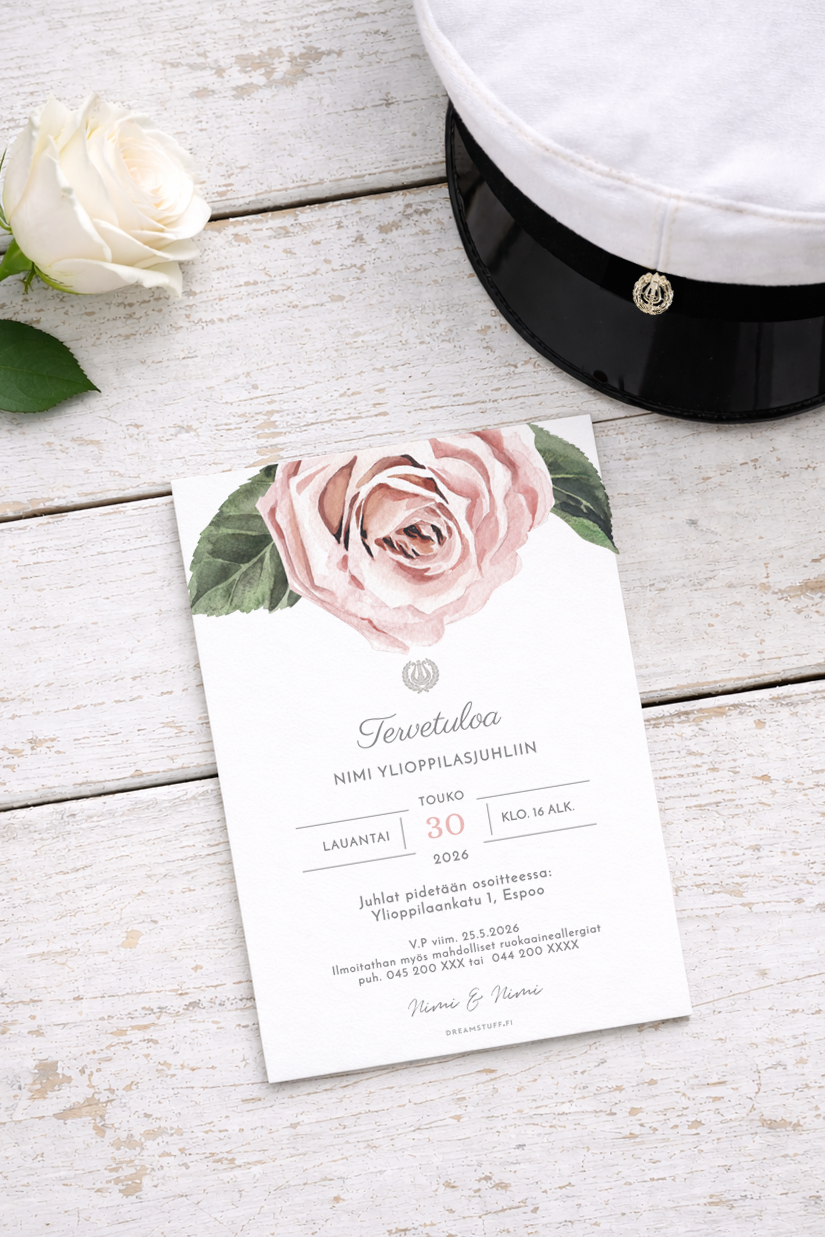 Tulosta itse kutsu ylioppilasjuhlaan - Vaaleanpunainen ruusu