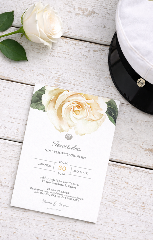 Tulosta itse kutsu ylioppilasjuhlaan - Valkoinen ruusu