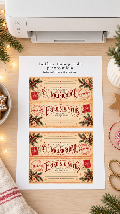 Joulupukin erikoistoimitus – Jouluiset pussinsulkijat 13 cm | Tulostettava PDF