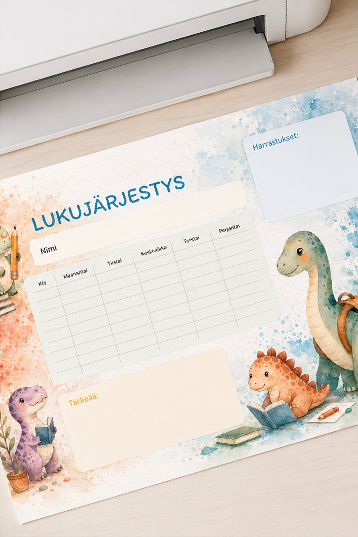 Tulostettava dinosaurus lukujärjestys lapselle – muokattava A4-lukujärjestys kotitulostimella tulostettuna