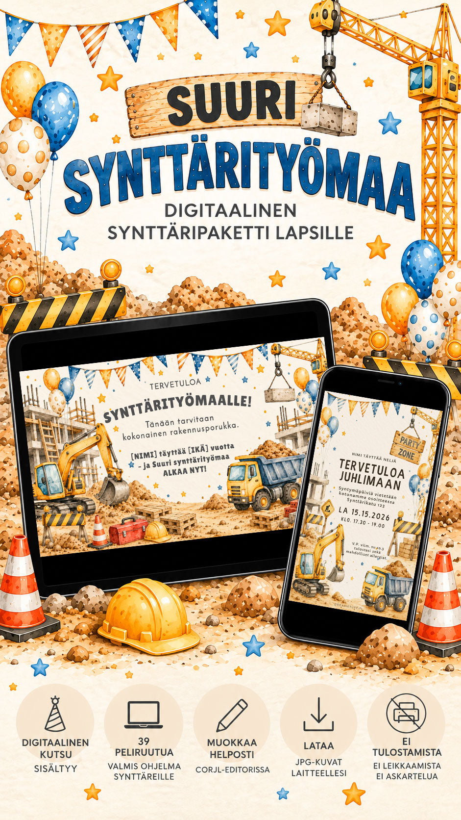 Suuri synttärityömaa – digitaalinen työmaapeli + syntymäpäiväkutsu lapsille