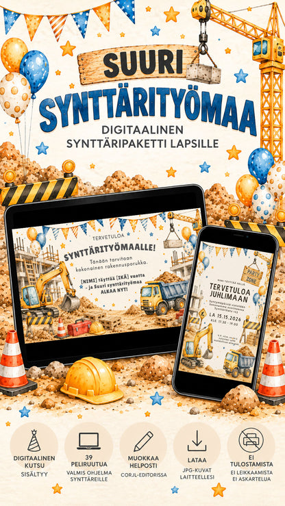 Suuri synttärityömaa – digitaalinen työmaapeli + syntymäpäiväkutsu lapsille