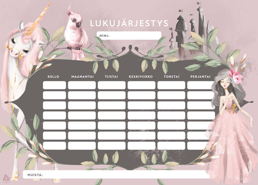 Tulostettava yksisarvinen lukujärjestys – ladattava PDF