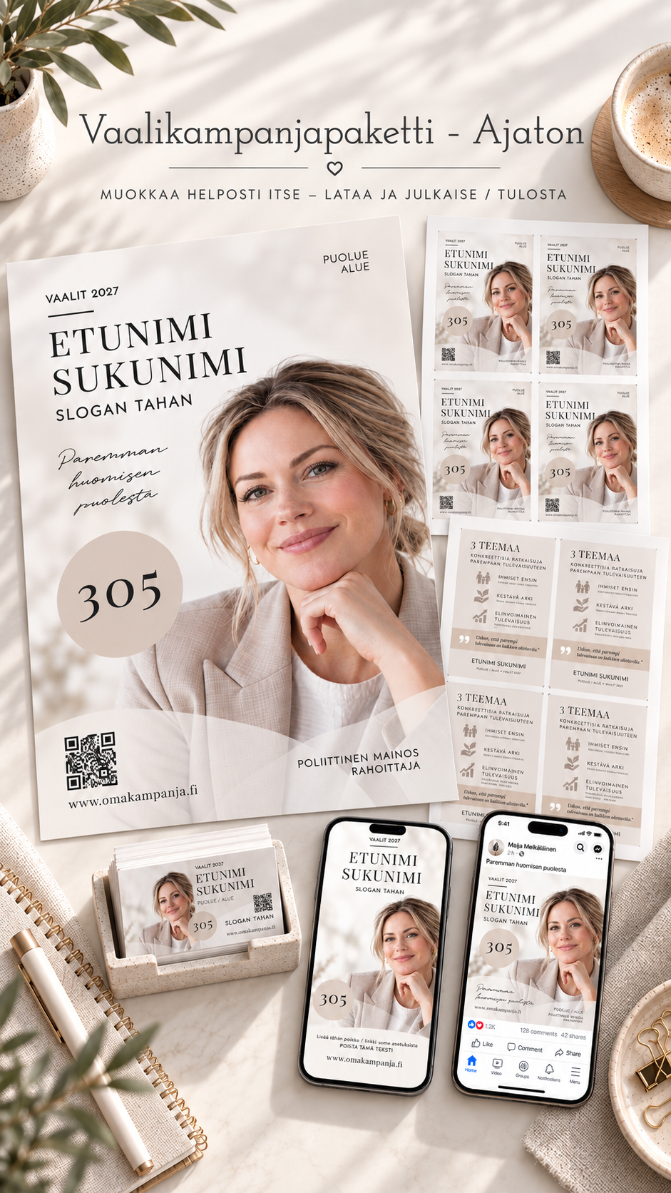 Muokattava vaalikampanjapaketti sisältää vaalijulisteen, flyerit, jakelukortit ja somepohjat