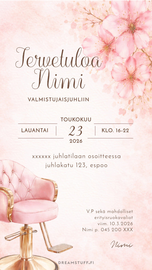 Digitaalinen valmistujaiskutsu - Kampaaja pink