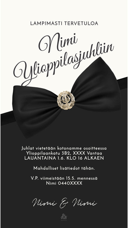 Graafikon suunnittelema ylioppilaskutsu, moderni digitaalinen kutsupohja valmistujaisiin helposti muokattavaksi