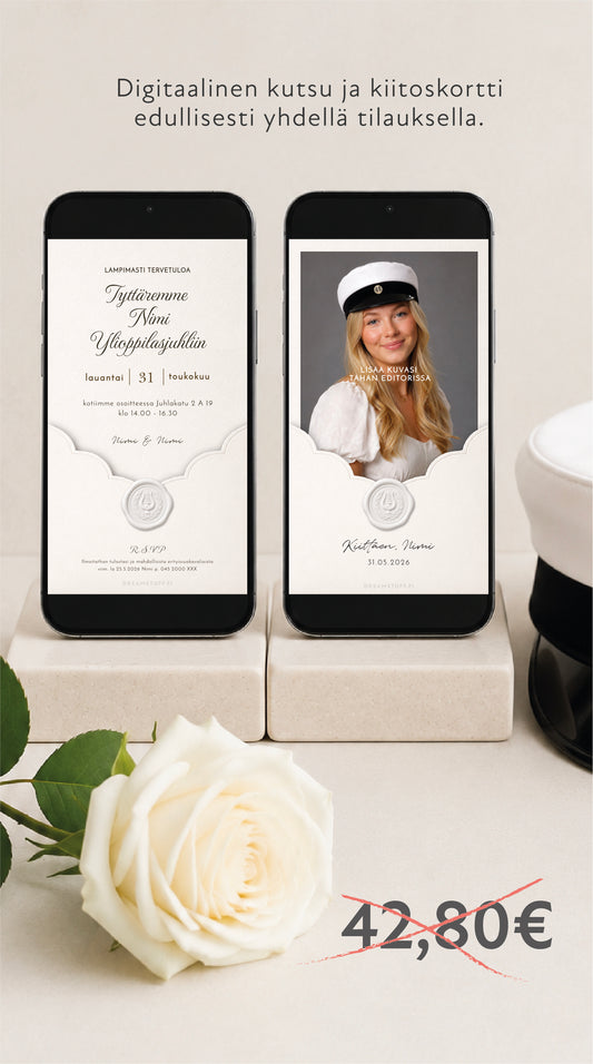 Digitaalinen ylioppilaskutsu + digitaalinen kiitoskortti - Valkoinen sinetti | Muokattava kutsu ja kiitoskortti heti käyttöön JPG