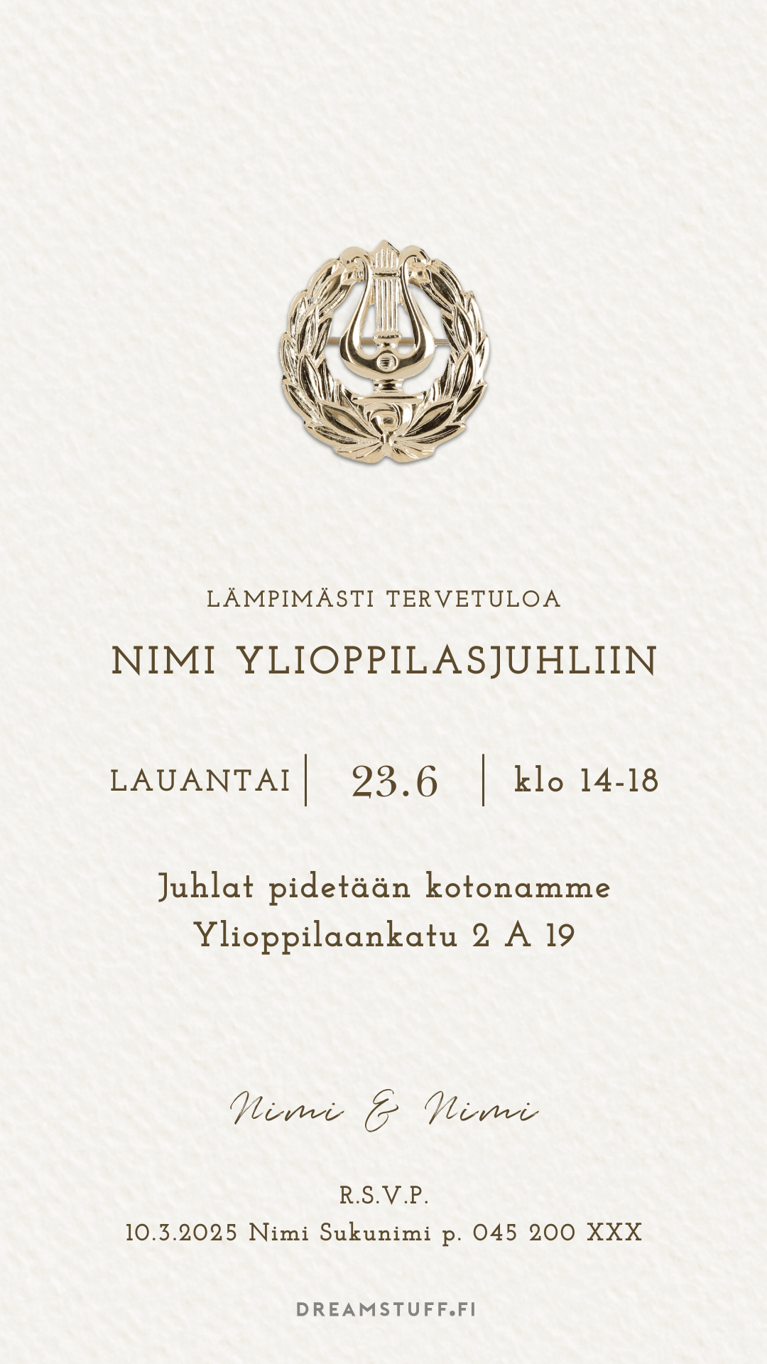 Tyylikäs ylioppilaskutsu valkoisella pohjalla, digitaalinen kutsukortti ylioppilasjuhliin helposti muokattavalla tekstillä