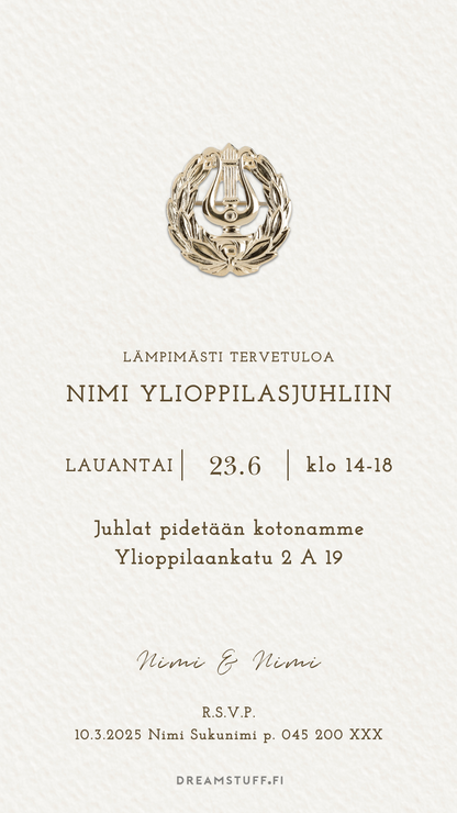 Tyylikäs ylioppilaskutsu valkoisella pohjalla, digitaalinen kutsukortti ylioppilasjuhliin helposti muokattavalla tekstillä