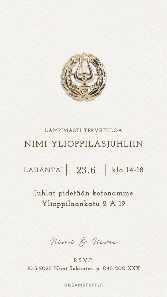 Tyylikäs ylioppilaskutsu valkoisella pohjalla, digitaalinen kutsukortti ylioppilasjuhliin helposti muokattavalla tekstillä