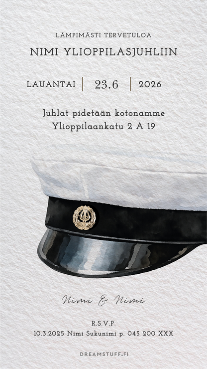Tyylikäs ylioppilaskutsu valkoisella pohjalla, digitaalinen kutsukortti ylioppilasjuhliin helposti muokattavalla tekstillä