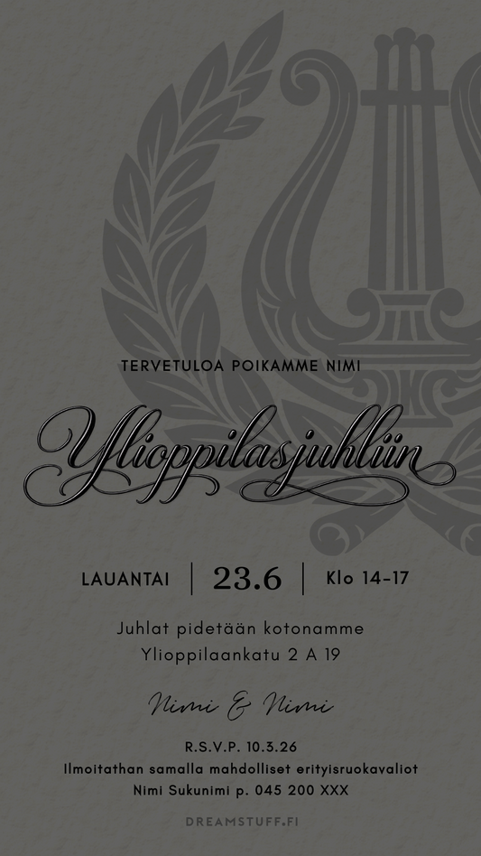 Ylioppilasjuhlat kutsu idea, valmis digitaalinen kutsu joka tehdään nopeasti ja lähetetään heti vieraille