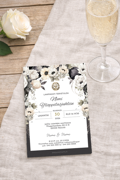 Tulosta itse kutsu ylioppilasjuhlaan - Ilmapallot ja kukat