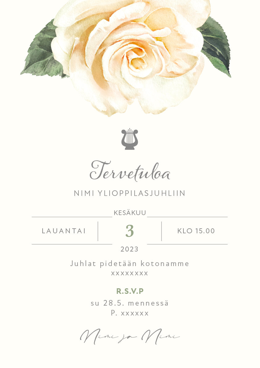 Tulosta itse kutsu ylioppilasjuhlaan - Valkoinen ruusu
