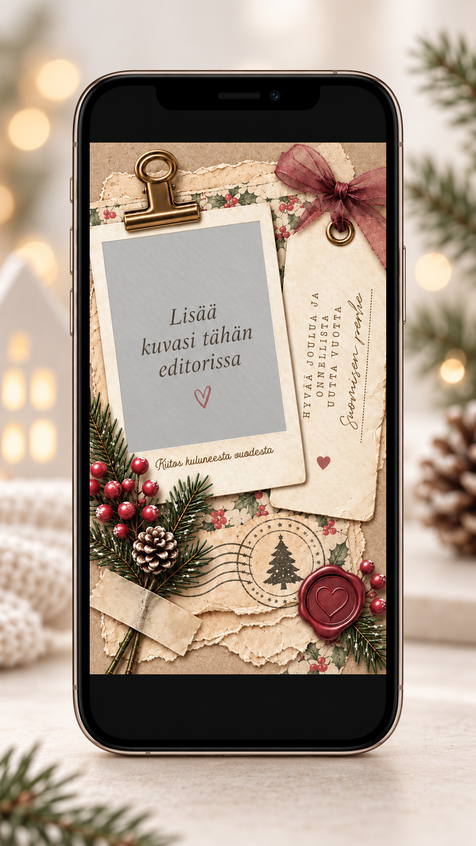 Digitaalinen joulukortti omalla kuvalla – vintage-henkinen muokattava joulutervehdys Corjl-editorissa.