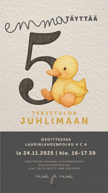 Lapsen syntymäpäiväkutsu digitaalisena, koristeltu värikkäällä numerolla ja suloisella pehmoankalla