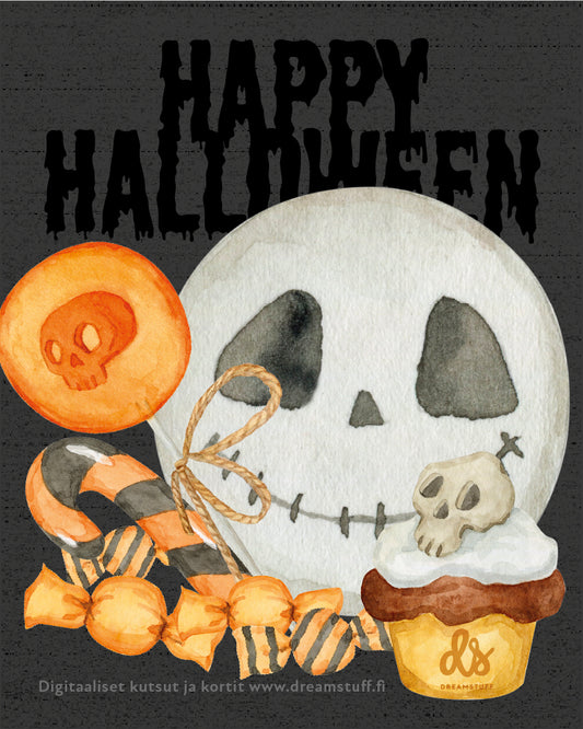 Ilmainen Halloween-digitaalinen kortti – vesivärikuvitettu pääkallo, karkkeja ja kuppikakku, teksti Happy Halloween – Dreamstuffin ekologinen sähköinen kortti.