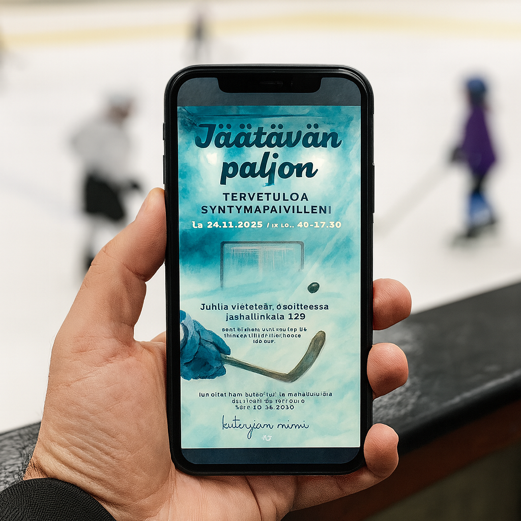 Digitaalinen jääkiekkoteemainen syntymäpäiväkutsu – tuotekuva puhelimen näytöllä, taustalla jäähalli ja pelaavia lapsia