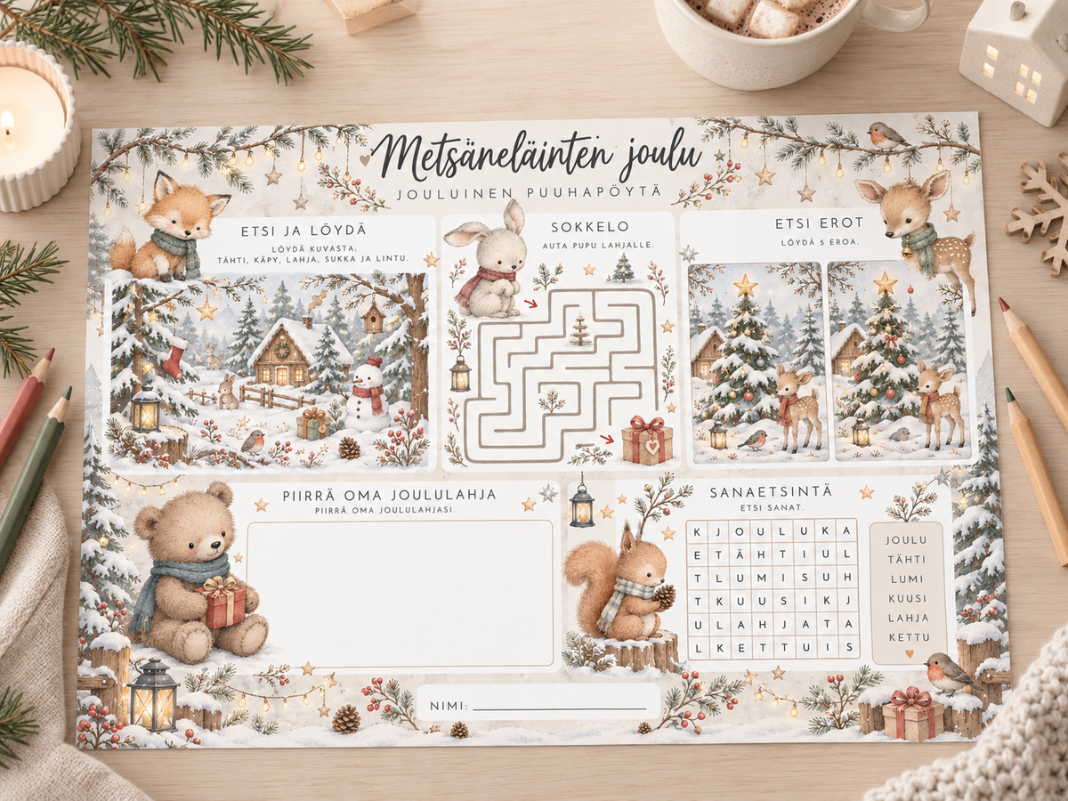 Jouluinen A3 puuhapöytä lapsille pöydällä – Metsäneläinten joulu printable, jossa sokkelo, etsi erot, sanaetsintä, etsi ja löydä sekä piirustustehtävä.