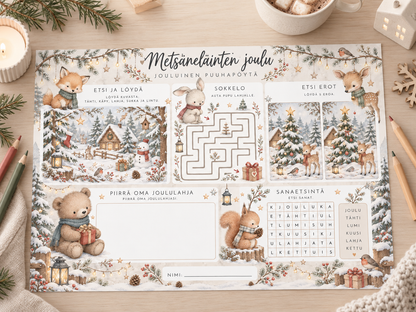 Jouluinen A3 puuhapöytä lapsille pöydällä – Metsäneläinten joulu printable, jossa sokkelo, etsi erot, sanaetsintä, etsi ja löydä sekä piirustustehtävä.
