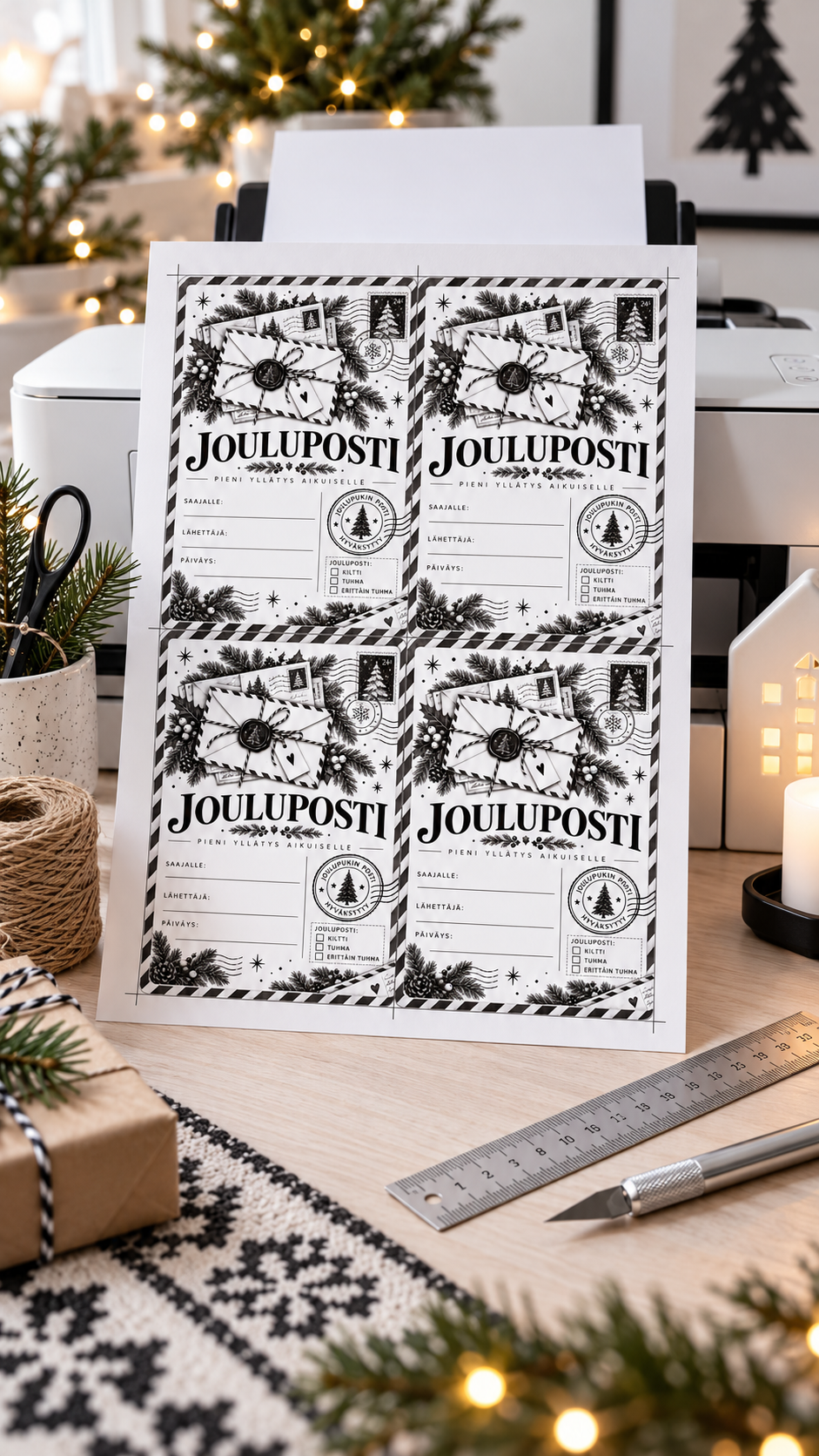 Tulostettava Jouluposti aikuiselle A4-arkilla neljänä A6-korttina, vieressä viivain ja mattoveitsi leikkaamista varten.