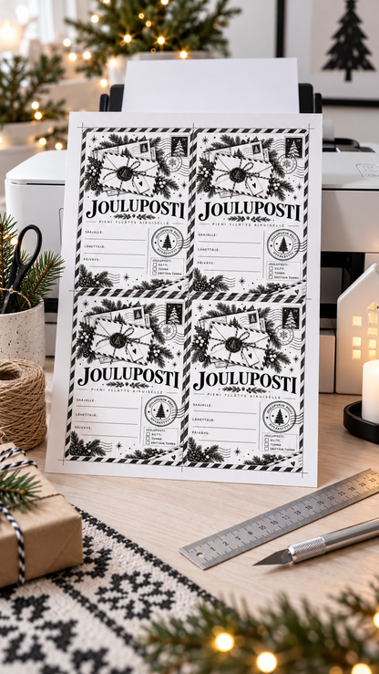 Tulostettava Jouluposti aikuiselle A4-arkilla neljänä A6-korttina, vieressä viivain ja mattoveitsi leikkaamista varten.