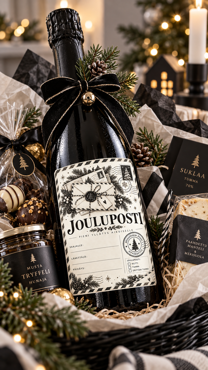 Jouluposti aikuiselle – mustavalkoinen vintage-tyylinen tulostettava A6-tarraetiketti, jossa Kiltti, Tuhma ja Erittäin tuhma -valinnat.