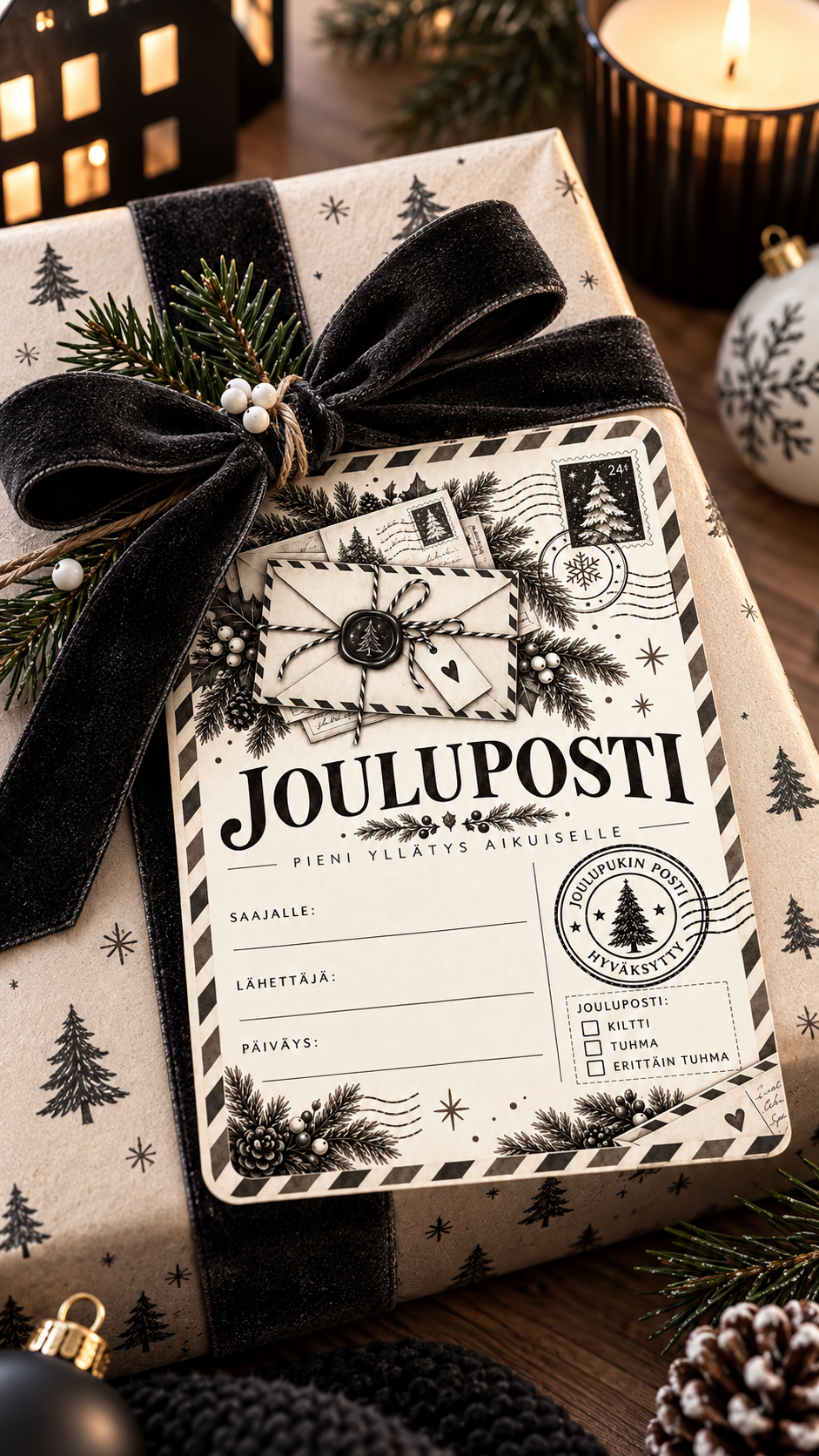 Jouluposti aikuiselle – mustavalkoinen vintage-tyylinen tulostettava A6-joulukortti, jossa Kiltti, Tuhma ja Erittäin tuhma -valinnat.