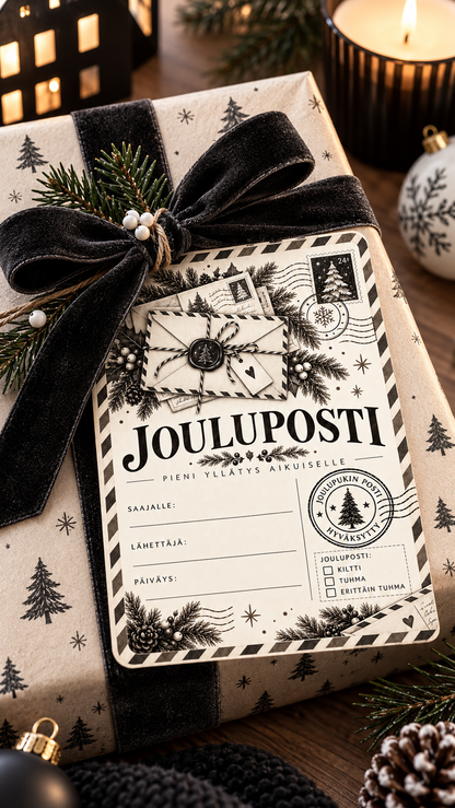 Jouluposti aikuiselle – mustavalkoinen vintage-tyylinen tulostettava A6-joulukortti, jossa Kiltti, Tuhma ja Erittäin tuhma -valinnat.
