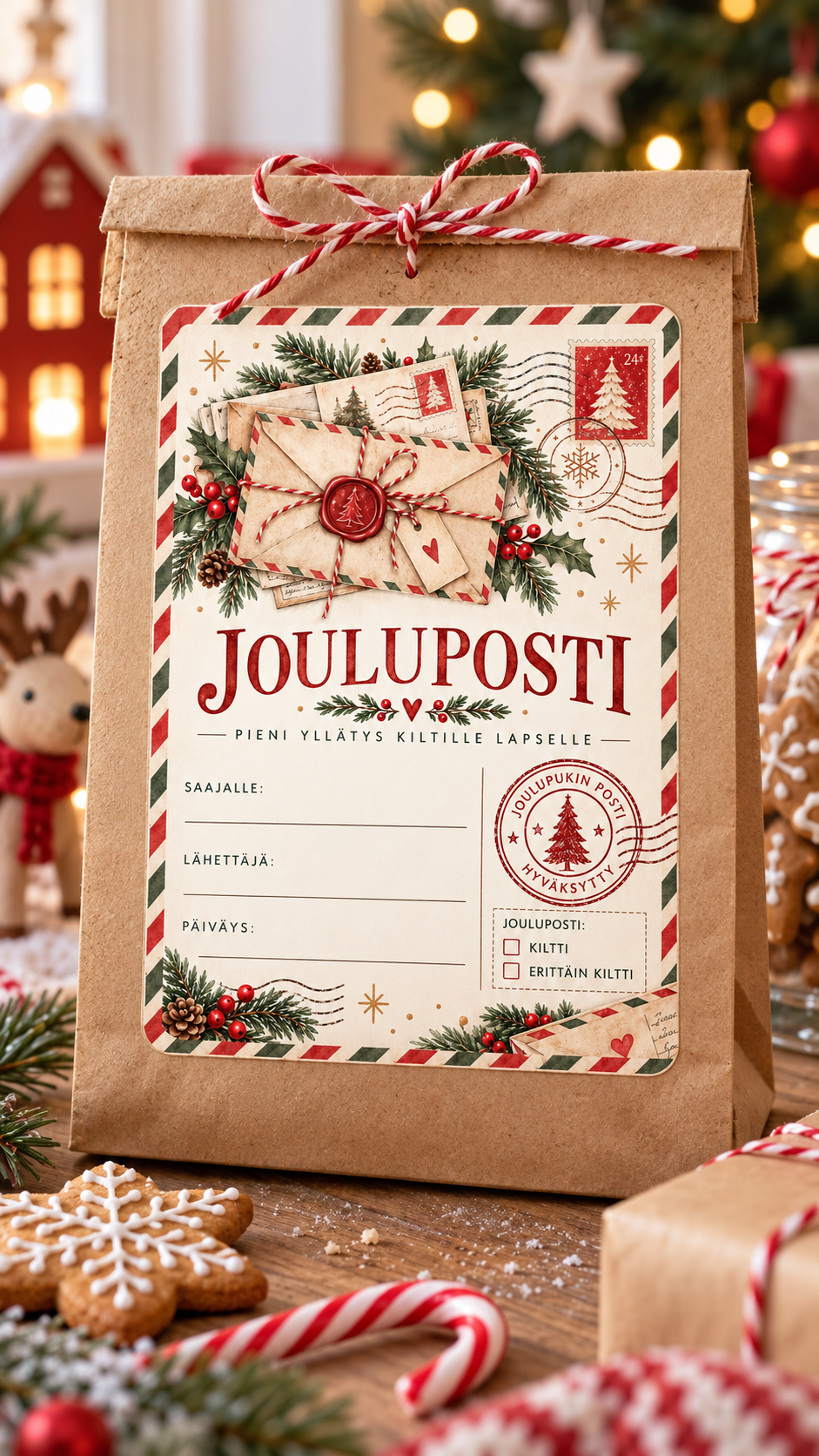 Jouluposti lapselle -kortti craft-paperiseen herkkupussiin kiinnitettynä etiketiksi jouluisessa ja skandinaavisessa lapsiperheen sisustuksessa.