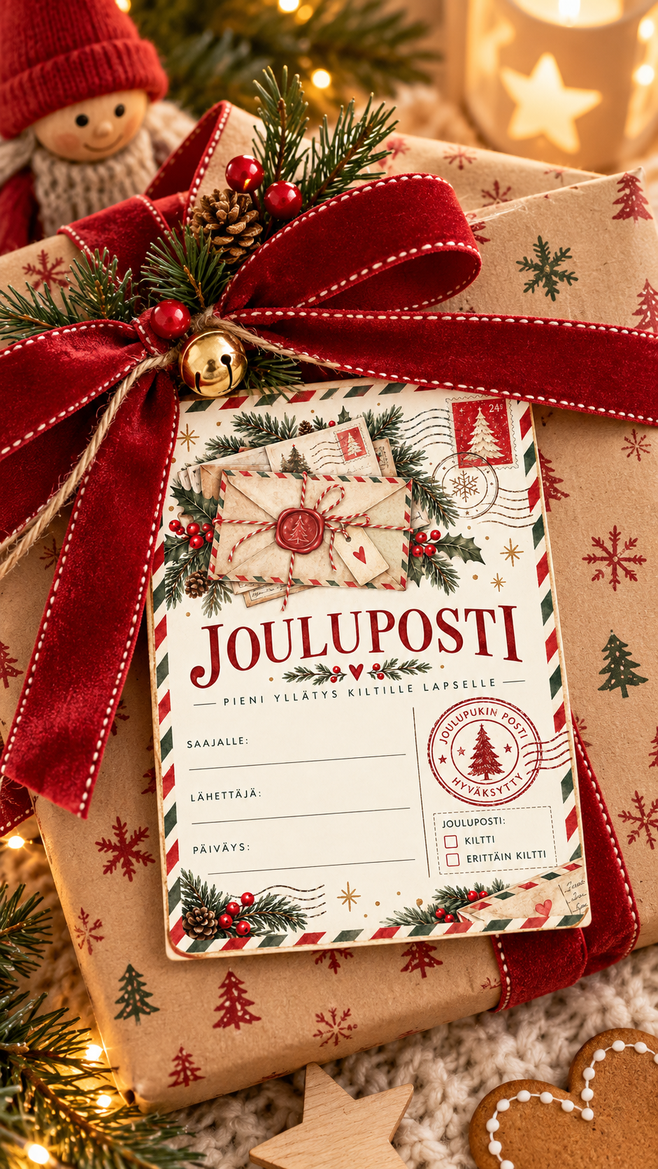 Jouluposti lapselle -kortti aseteltuna lahjapaketin rusetin alle jouluisessa, skandinaavisessa lapsiperheen miljöössä.