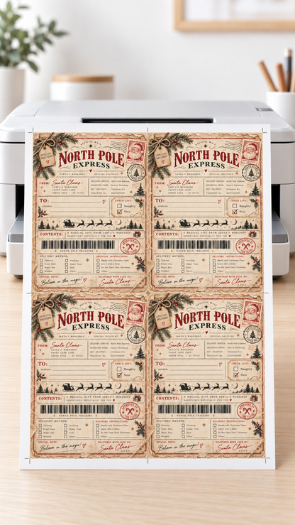 Joulupukin pakettitarra – North Pole Express | Tulostettava PDF, 4 kpl.