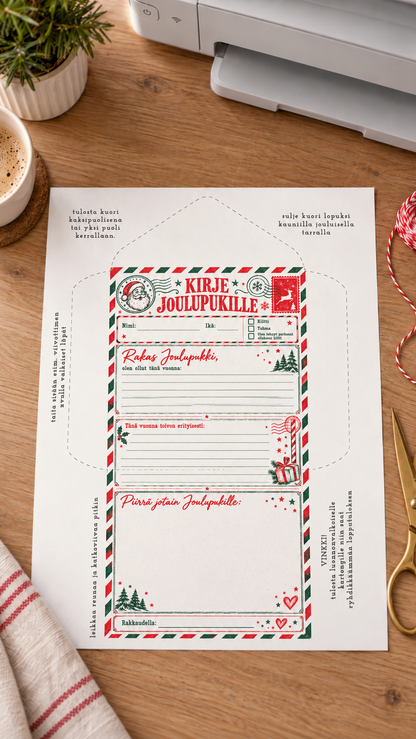 Tulostettava Kirje joulupukille -askartelupohja, jossa joulutoiveet, piirustusalue ja taiteltavan joulukuoren ohjeet. Kaksipuolinen printable lapsille.