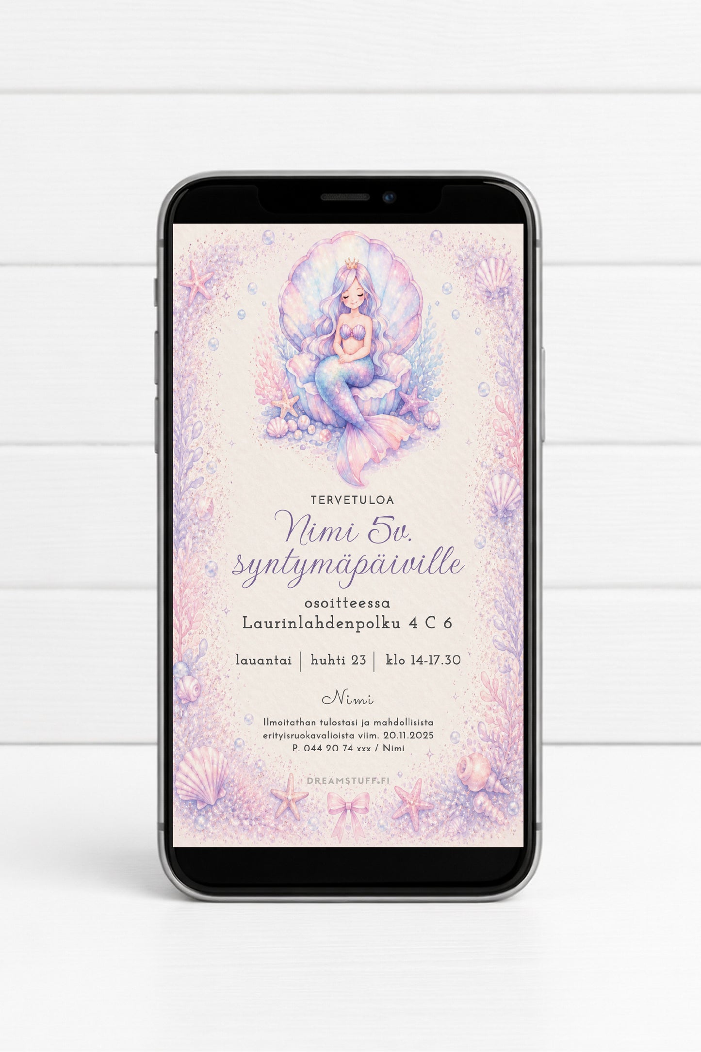 Pastellinen merenneito synttärikutsu lapsille – digitaalinen kutsupohja merenalaisiin juhliin | Dreamstuff sähköinen merenneitokutsu