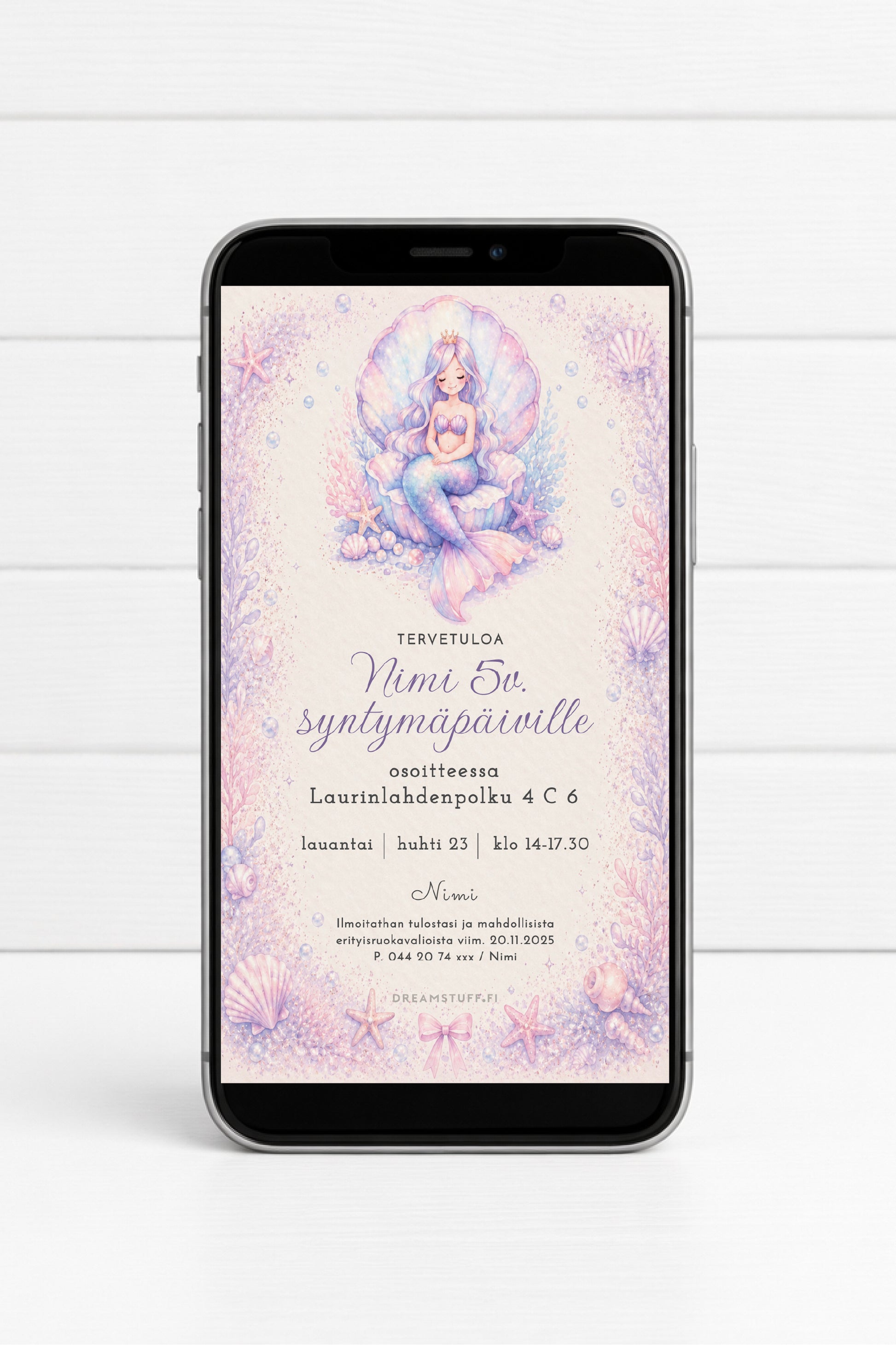 Pastellinen merenneito synttärikutsu lapsille – digitaalinen kutsupohja merenalaisiin juhliin | Dreamstuff sähköinen merenneitokutsu