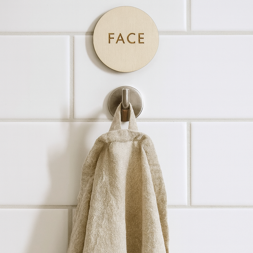 Puinen pyyhemerkki tekstillä FACE modernissa kylpyhuoneessa pellavapyyhkeen yläpuolella koukussa