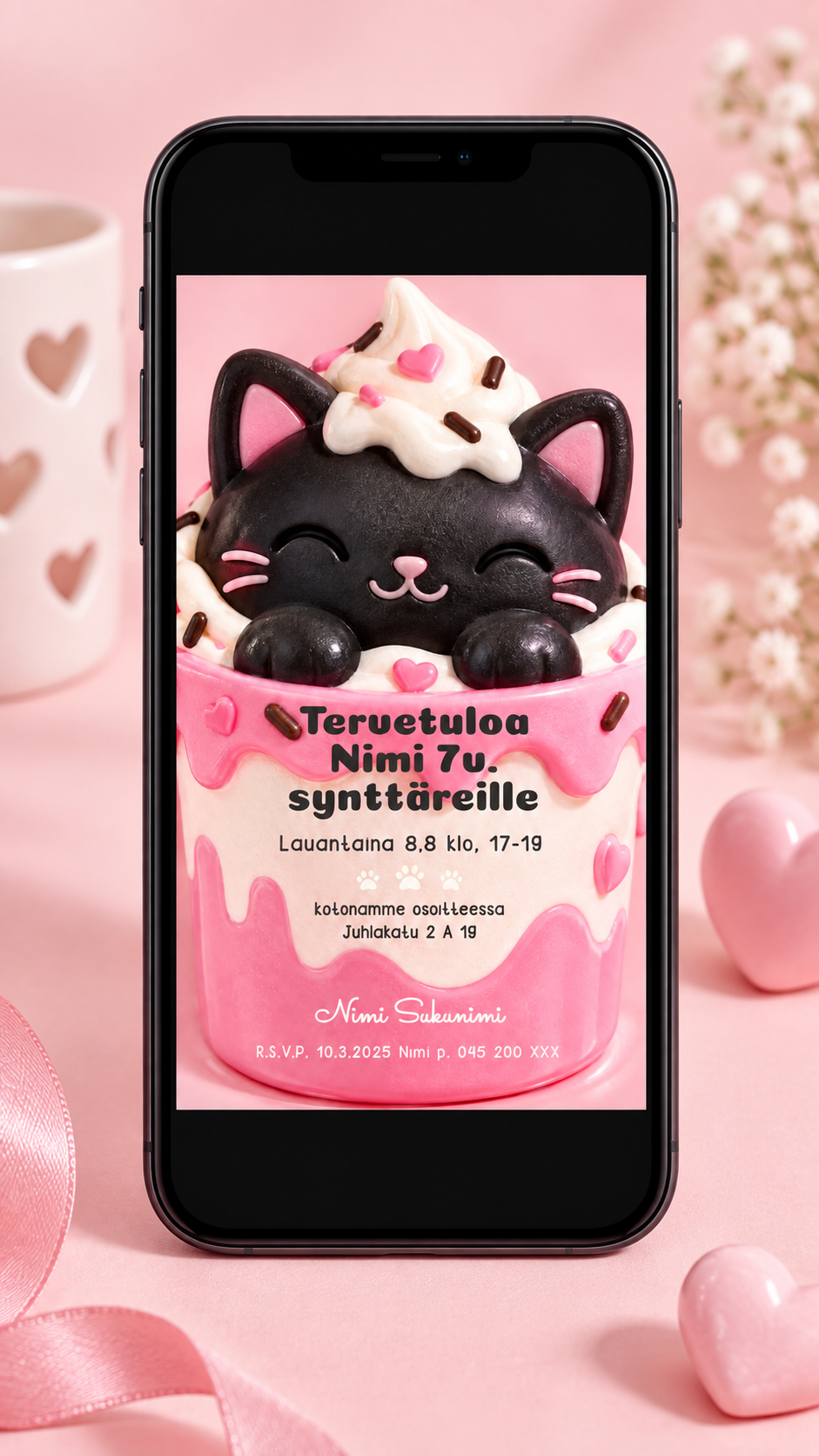 Sähköinen syntymäpäiväkutsu kännykän näytöllä, squishy-tyylinen musta kissa pinkissä jäätelökupissa, muokattava lasten kutsu puhelinmockupissa