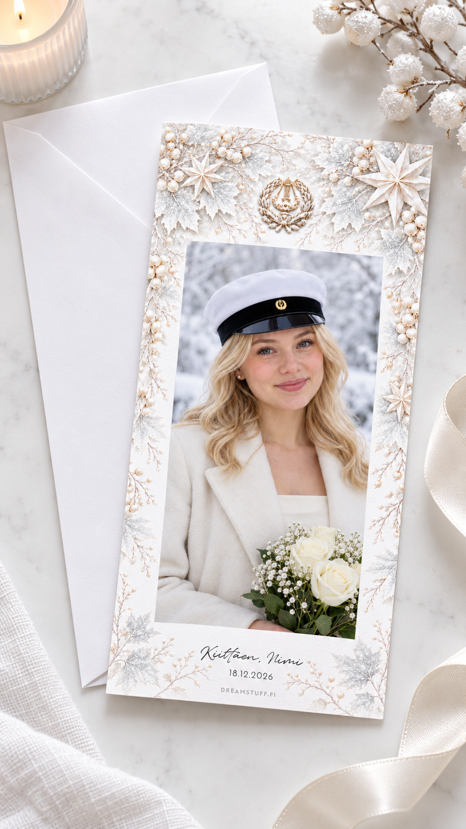 Tulostettava ylioppilaan kiitoskortti Frost omalla valokuvalla valkoisen kirjekuoren vieressä vaalealla, talvisesti koristellulla pöydällä.